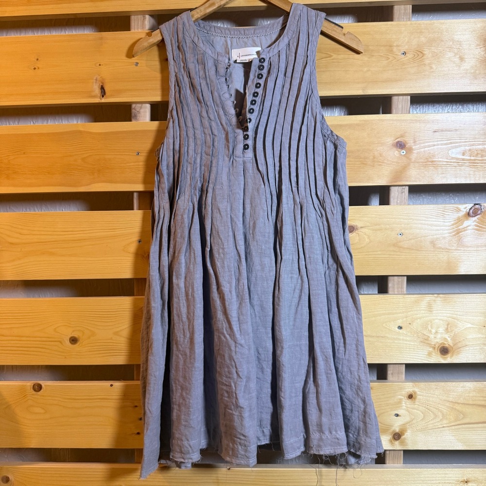 Anthropologie Pintuck Linen Tunic Dress Womens Small Gray Sleeveless Henley